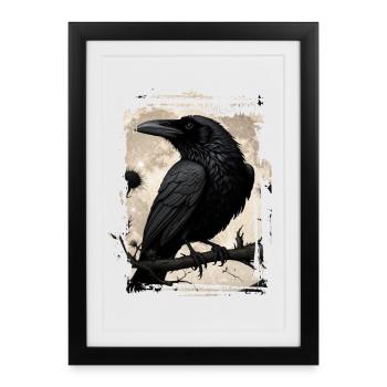 Raven on branch in front of full moon - Framed poster (27 × 37 cm) - black - Front