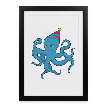 Chapeau de fête d’anniversaire pieuvre - Affiche encadrée (27 × 37 cm) - noir - Devant