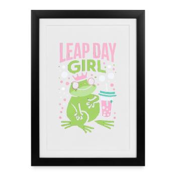 Fille du jour bissextile 29 février anniversaire grenouille bulle - Affiche encadrée (27 × 37 cm) - noir - Devant
