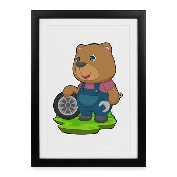 Bear Car Mechanic Car Tire Car Repair Shop - Framed poster (27 × 37 cm) - black - Front