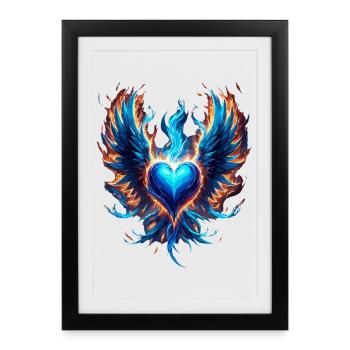 Coeur bleu mystique en flammes Cœur de phénix - Affiche encadrée (27 × 37 cm) - noir - Devant