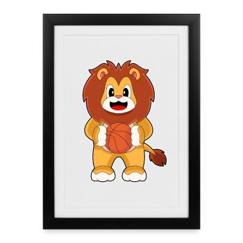 Lion Basket-ball Joueur De Basket-ball - Affiche encadrée (27 × 37 cm) - noir - Devant