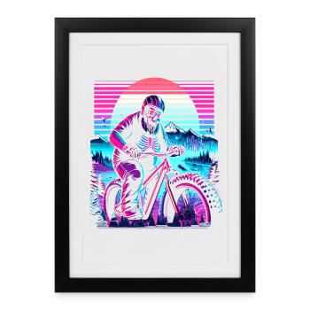Synthwave Skeleton Biker Fatbike Rétro Coucher de soleil - Affiche encadrée (27 × 37 cm) - noir - Devant