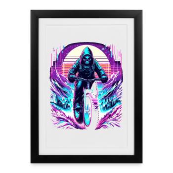Skelett Fatbiker Synthwave Retro Fahrrad Fahrer - Gerahmtes Poster (27 × 37 cm) - Schwarz - Vorne