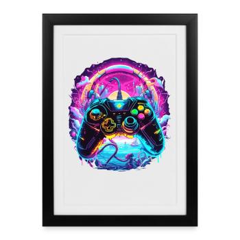 Manette Synthwave Gamer Fantasy Retro Gaming - Affiche encadrée (27 × 37 cm) - noir - Devant