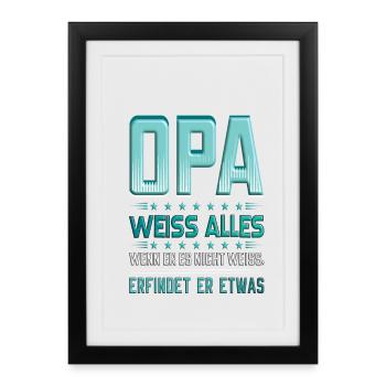 Opa T-Shirt weiß alles | Lustiges Spruch Shirt - Gerahmtes Poster (27 × 37 cm) - Schwarz - Vorne