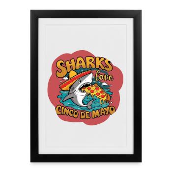 Swimmer Shark with Mexican Hat and Pizza - Framed poster (27 × 37 cm) - black - Front