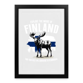 Finland Adventure : L’orignal et le drapeau finlandais - Affiche encadrée (27 × 37 cm) - noir - Devant
