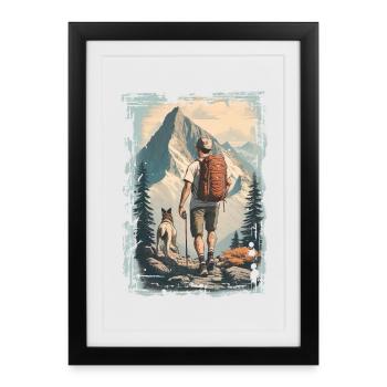 Hikers in the mountains with a dog | Illustration - Framed poster (27 × 37 cm) - black - Front