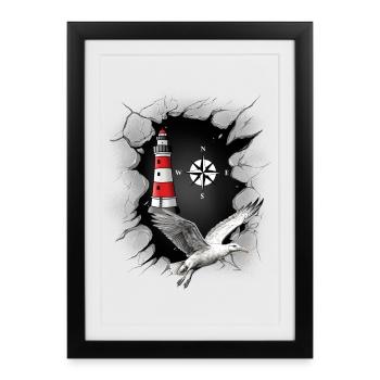 Seagull phare boussole Maritime Ahoy - Affiche encadrée (27 × 37 cm) - noir - Devant