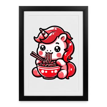 Japonais Kawaii Licorne Ramen Cuisine Asiatique - Affiche encadrée (27 × 37 cm) - noir - Devant