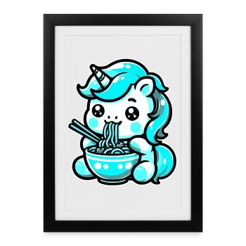 Japonais Kawaii Licorne Ramen Cuisine Asiatique - Affiche encadrée (27 × 37 cm) - noir - Devant