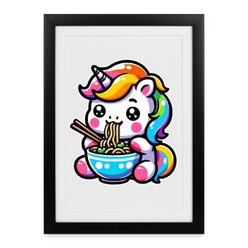 Japonais Kawaii Licorne Ramen Cuisine Asiatique - Affiche encadrée (27 × 37 cm) - noir - Devant