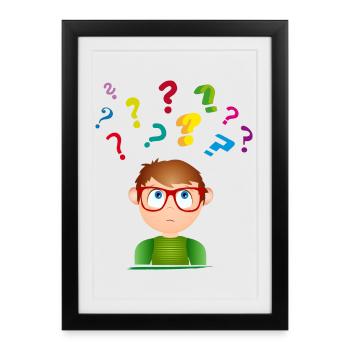 Garçon avec des lunettes avec de nombreux points d’interrogation colorés - Affiche encadrée (27 × 37 cm) - noir - Devant
