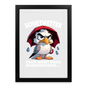 Schietwetter Spruch Lustige Möwe mit Regenschirm - Gerahmtes Poster (27 × 37 cm) - Schwarz - Vorne