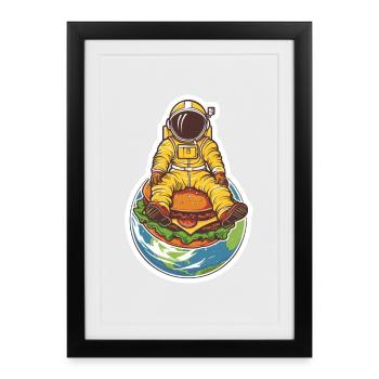 Astronaut hovering over the earth with a burger - Framed poster (27 × 37 cm) - black - Front
