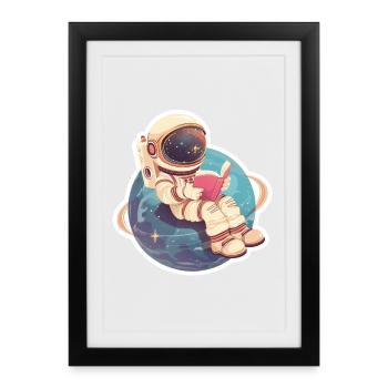 Cute astronaut reading a book in space - Framed poster (27 × 37 cm) - black - Front