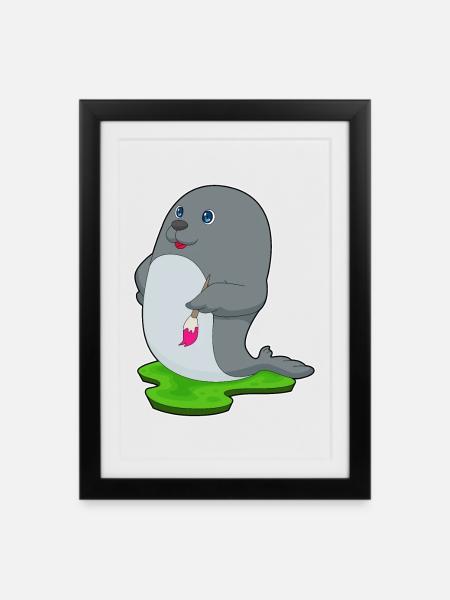 Seehund Maler Pinsel Malen - Gerahmtes Poster (27 × 37 cm) - Schwarz