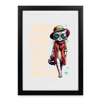 Cat Runway Fashion "Time for the Catwalk" Saying - Framed poster (27 × 37 cm) - black - Front