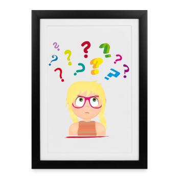 Fille avec des lunettes avec de nombreux points d’interrogation colorés - Affiche encadrée (27 × 37 cm) - noir - Devant