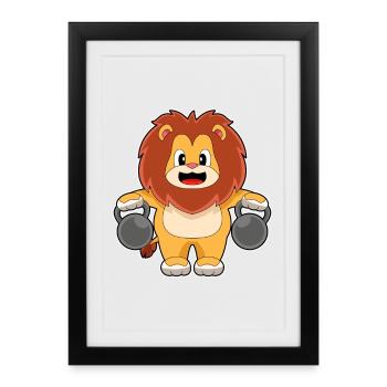 Lion Bodybuilder Dumbbells Bodybuilding - Affiche encadrée (27 × 37 cm) - noir - Devant