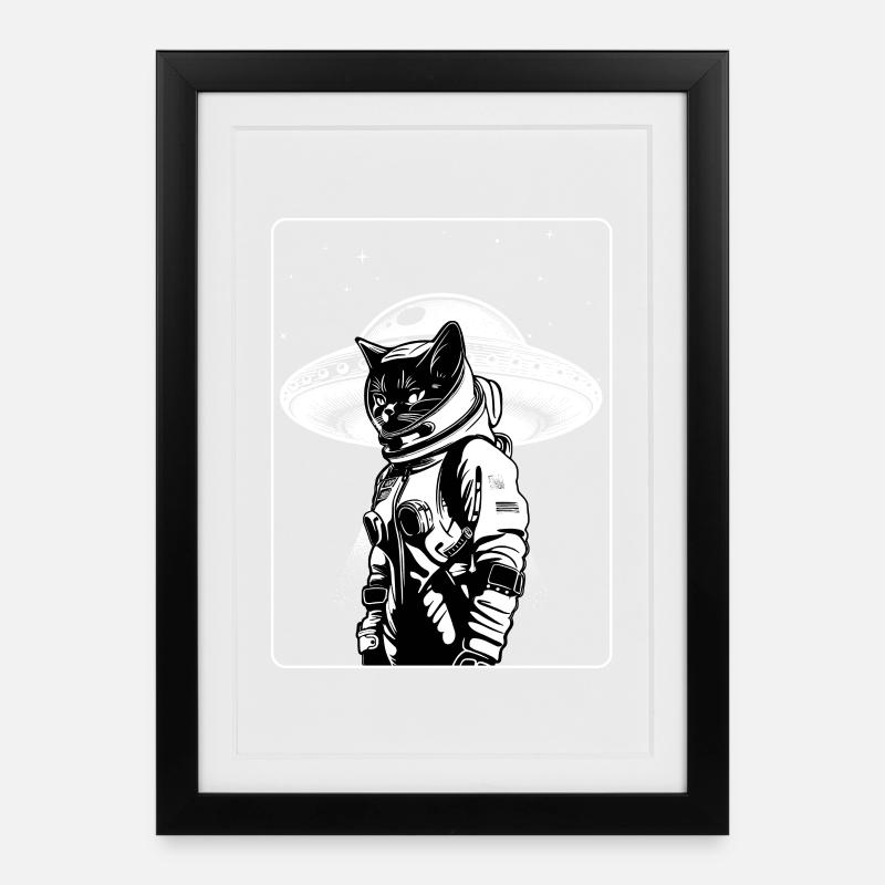 Chat, Astronaute, Extraterrestre, OVNI, Science fiction - Affiche encadrée (27 × 37 cm) - noir
