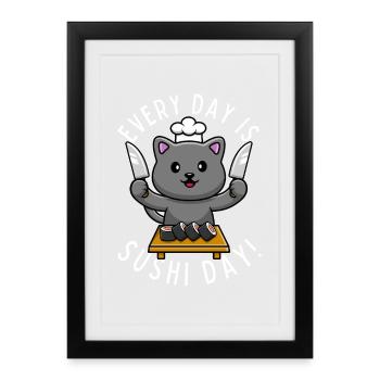 Cute Kawaii Cat Chef Sushi Food - Framed poster (27 × 37 cm) - black - Front