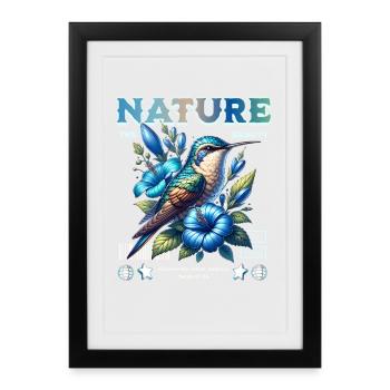 Colibri bleu avec fleurs Art de la nature - Affiche encadrée (27 × 37 cm) - noir - Devant