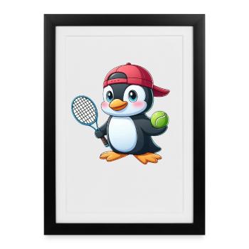 Süßer Pinguin Tennis Tennisspieler Cartoon - Gerahmtes Poster (27 × 37 cm) - Schwarz - Vorne