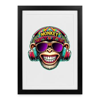 Cooler DJ Monkey Kopfhörer Bunter Retro-Stil - Gerahmtes Poster (27 × 37 cm) - Schwarz - Vorne