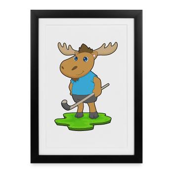 Moose Hockey sur gazon avec un bâton de hockey sur gazon - Affiche encadrée (27 × 37 cm) - noir - Devant