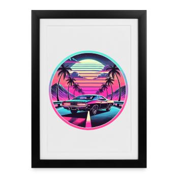 Rétro coucher de soleil Muscle Car conduite - Affiche encadrée (27 × 37 cm) - noir - Devant