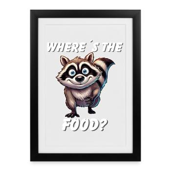 Où est la nourriture ? Mignon raton laveur drôle dessin animé Tee - Affiche encadrée (27 × 37 cm) - noir - Devant
