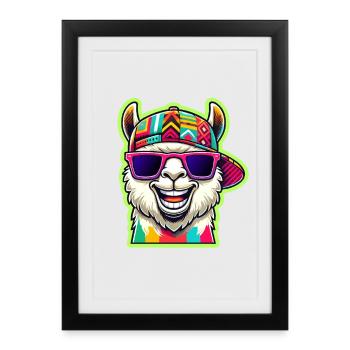 Alpaga cool avec lunettes de soleil colorées et casquette - Affiche encadrée (27 × 37 cm) - noir - Devant