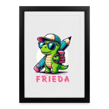Drôle de dinosaure avec cartable et lunettes - Affiche encadrée (27 × 37 cm) - noir - Devant