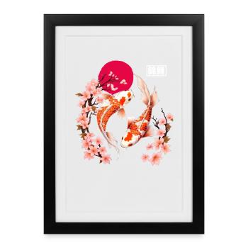 Koi and cherry blossoms in the red moon - Framed poster (27 × 37 cm) - black - Front