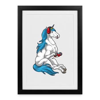 Einhorn Gamer Controller - Gerahmtes Poster (27 × 37 cm) - Schwarz - Vorne