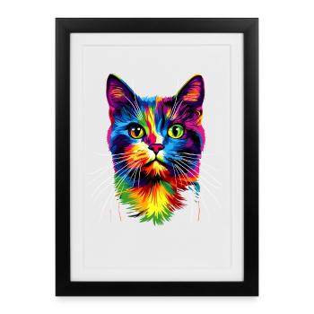 Chat coloré arc-en-ciel couleurs Popart chat maman chats - Affiche encadrée (27 × 37 cm) - noir - Devant