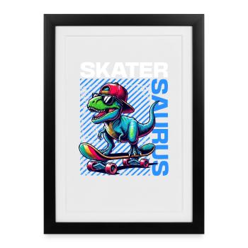 Skater Saurus Cool T-Rex Dinosaur Skateboarder - Framed poster (27 × 37 cm) - black - Front