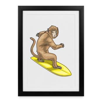 Affe Surfen Surfbrett Sommer - Gerahmtes Poster (27 × 37 cm) - Schwarz - Vorne