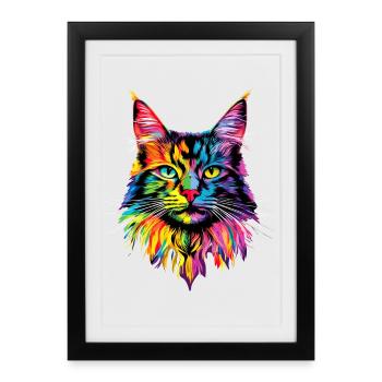 Maine Coon Chat Arc-en-ciel coloré Maine Coon Chats - Affiche encadrée (27 × 37 cm) - noir - Devant