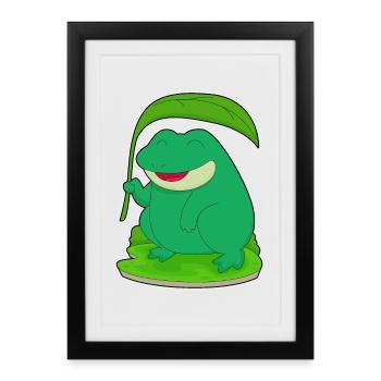 Grenouille avec une feuille comme parasol - Affiche encadrée (27 × 37 cm) - noir - Devant