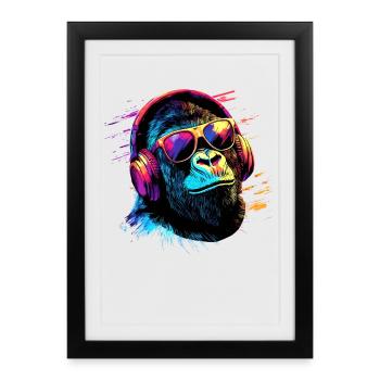 DJ Monkey Casque Lunettes de soleil Musique Fête Monkey - Affiche encadrée (27 × 37 cm) - noir - Devant