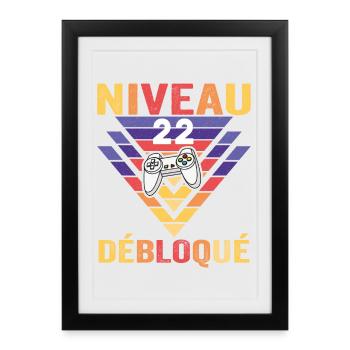 Niveau 22 Débloqué Cadeau 22 Ans Gamer Geek Drôle - Affiche encadrée (27 × 37 cm) - noir - Devant