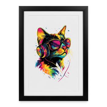 Cat Sunglasses Headphones Music Colorful DJ Cats - Framed poster (27 × 37 cm) - black - Front
