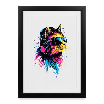 Cat Sunglasses Headphones Music Colorful DJ Cats - Framed poster (27 × 37 cm) - black - Front