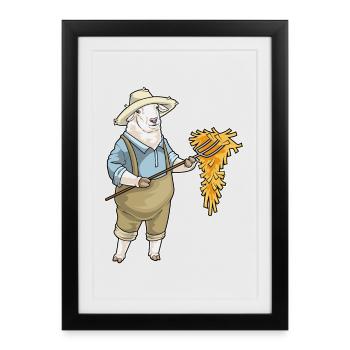 Schaf Landwirt Stroh Bauernhof - Gerahmtes Poster (27 × 37 cm) - Schwarz - Vorne