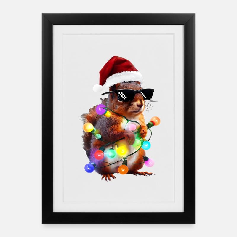 Weihnachts Eichhörnchen mit Lichterkett - Gerahmtes Poster (27 × 37 cm) - Schwarz