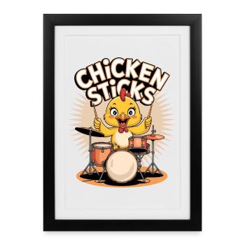 Drôle de poulet sur des tambours avec des pilons - Affiche encadrée (27 × 37 cm) - noir - Devant