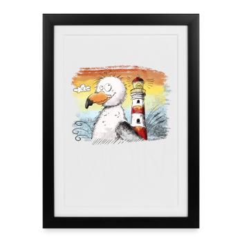 Moin Spruch Möwe Meer Leuchtturm Sonnenuntergang - Gerahmtes Poster (27 × 37 cm) - Schwarz - Vorne